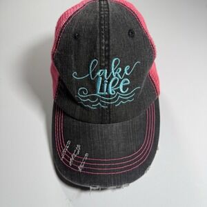 Katydid Lake Life Distressed Ponytail Trucker Hat Gray Pink Denim Mesh Cap